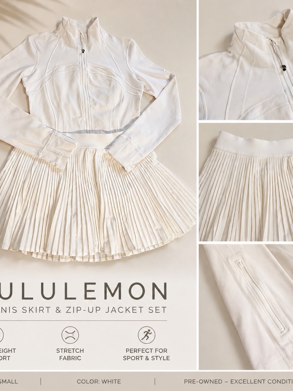 lululemon athletica White Pleated Skirt and Zip-Up Jacket Set